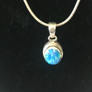 Sterling Silver Blue Fire Opal Pendant Necklace Oval Boho Charm Snake Chain